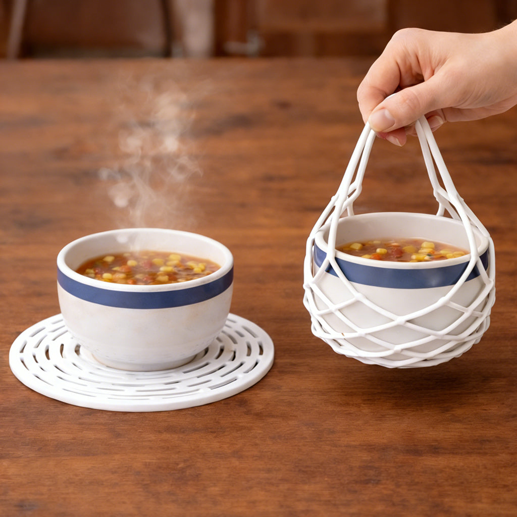🍲 Pikanzo™ 2-in-1 Zero-Void™ Silicone Mesh Bag & Heat-Resistant Trivet Mat for Hot Bowls