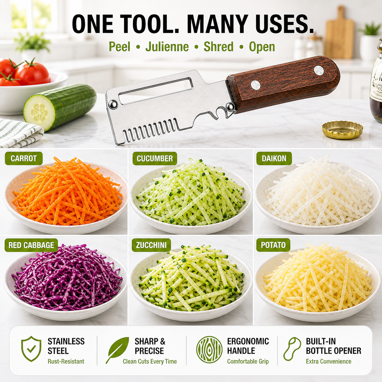 Pikanzo™  Wooden-Handled Stainless Steel Shredder and Peeler