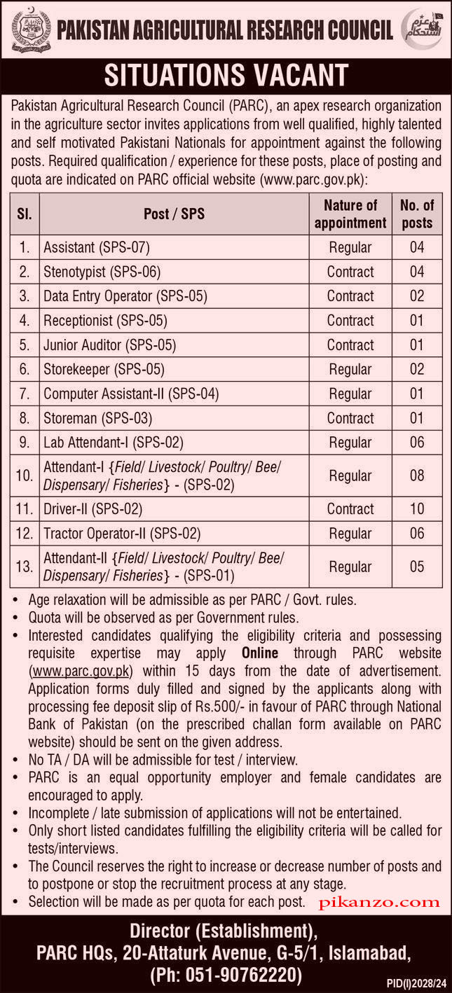 Pakistan Agricultural Research Council PARC Jobs September 2024