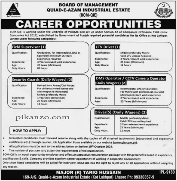 Quaid e Azam Industrial Estate Jobs September 2024