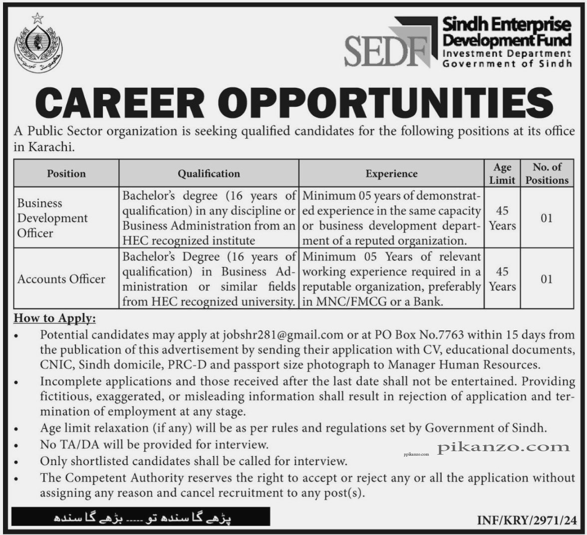 Sindh Enterprise Development Fund Jobs September 2024