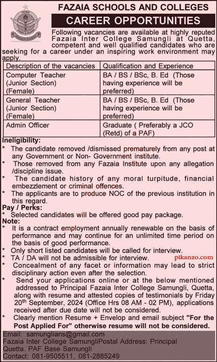 Teaching Jobs in Quetta September 2024