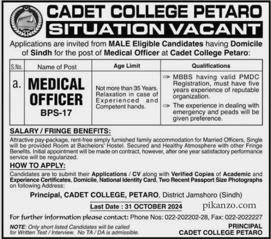 Cadet College Petaro Jobs October 2024