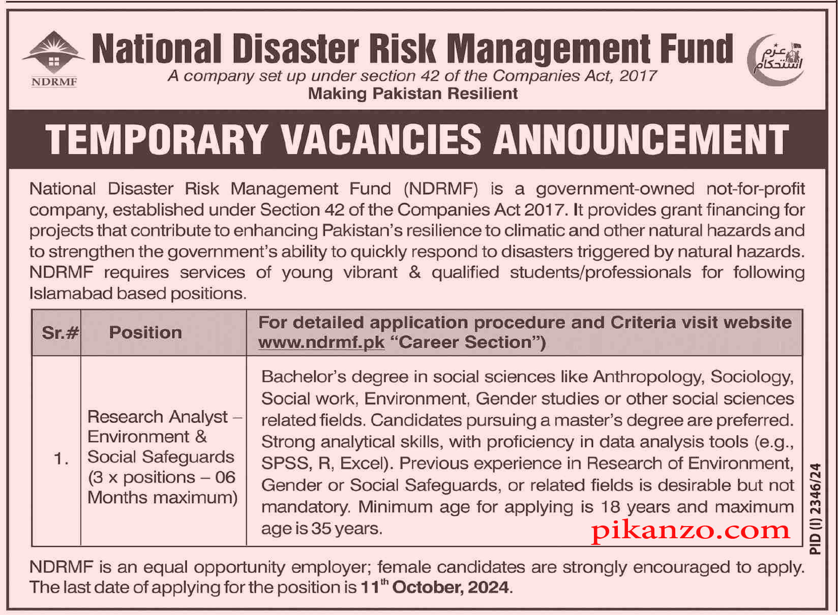 National Disaster Risk Management Fund NDRMF Jobs October 2024