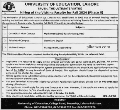 University of Education Jobs in Lahore October 2024